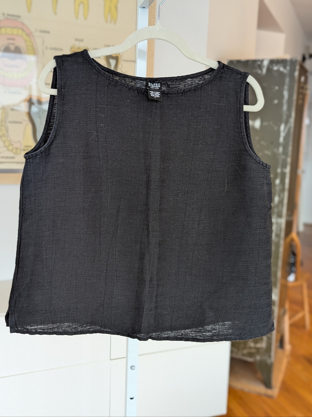 Eileen Fisher Black Woven Linen Cotton Sleeveless Scoop-Neck Tank L